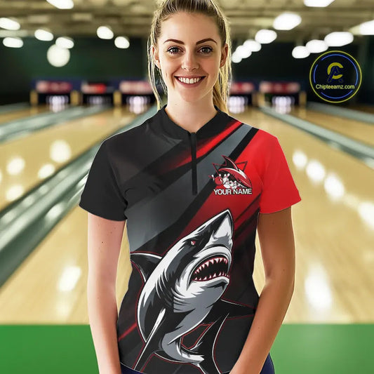 Custom Black And Red Shark Bowling Jerseys, Bowling Uniform Shark Women Quarter-Zip Shirt IPHW8999