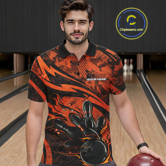 Custom Orange Camo Flame Bowling Men Polo Shirts, Camouflage Bowling Team Jerseys IPHW10347