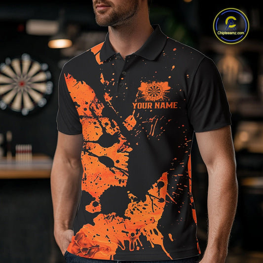 Custom Name Black And Orange Splatter Darts Shirts For Men, Dart Team League Shirts IPHW10624