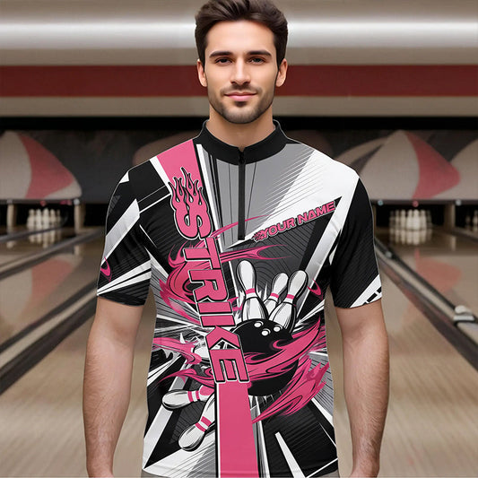Custom Black And Pink Strike Bowling Men Quarter-Zip Shirts, Bowling Team League Shirt With Name IPHW8758