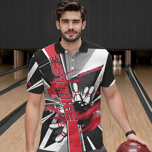 Custom Black And Red Strike Bowling Men Polo Shirts, Bowling Team League Shirt With Name IPHW8761