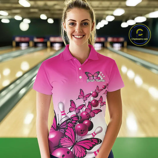 Custom Pink Gradient Butterfly Bowling Women Polo Shirts For Team, Bowling League Shirt IPHW9005