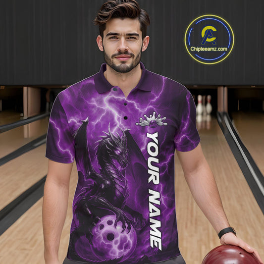 Custom Purple Thunder Lightning Bowling Team Men Polo Shirt, Dragon Bowling Jerseys IPHW10197