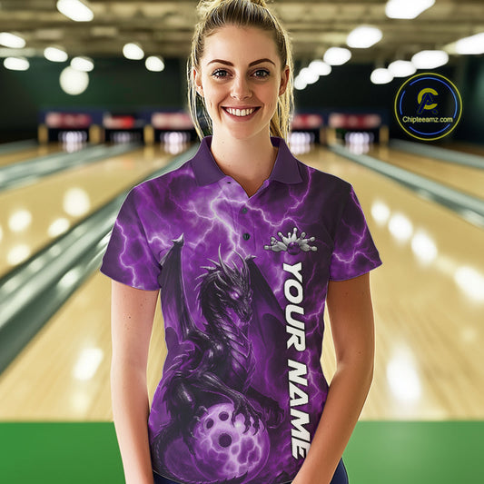 Custom Purple Thunder Lightning Bowling Team Women Polo Shirt, Dragon Bowling Jerseys IPHW10197