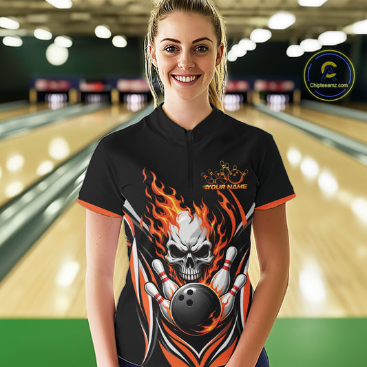Custom Orange Flame Skull Bowling Women Quarter-Zip Shirt, Halloween Bowling Jersey IPHW11698