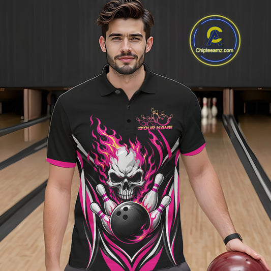 Custom Pink Flame Skull Bowling Men Polo Shirt, Halloween Bowling Jersey IPHW11700