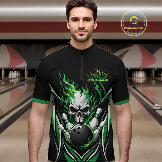 Custom Green Flame Skull Bowling Men Quarter Zip Shirt, Halloween Bowling Jersey IPHW11702