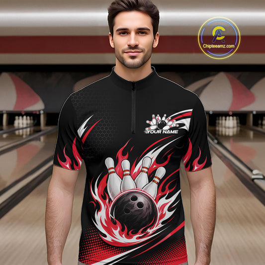 Custom Red Flame Bowling Jerseys, Bowling Team Men Quarter Zip Shirt Bowlers Outfit IPHW11707