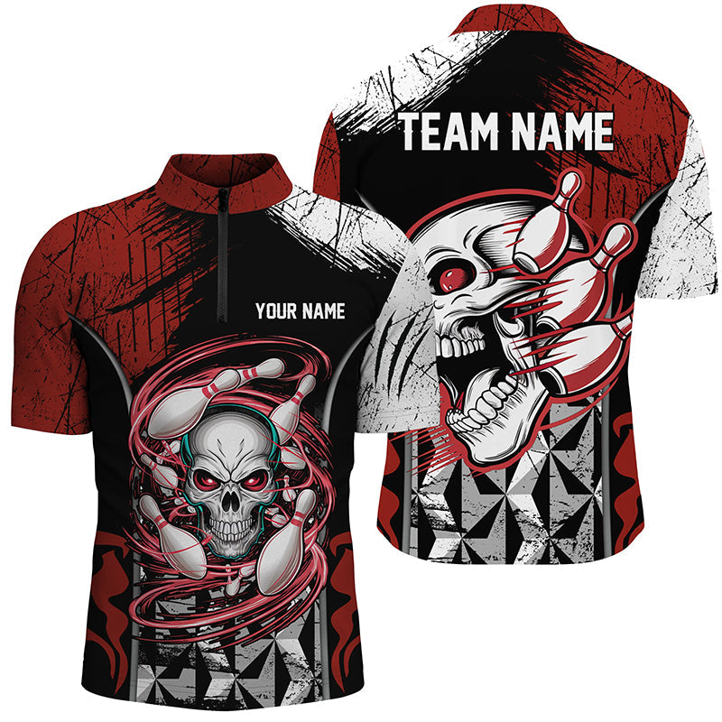 Red And Black Custom Skull Bowling Shirts, Bowling Quarter Zip Shirts For Men Bowling Uniform IPHW6750