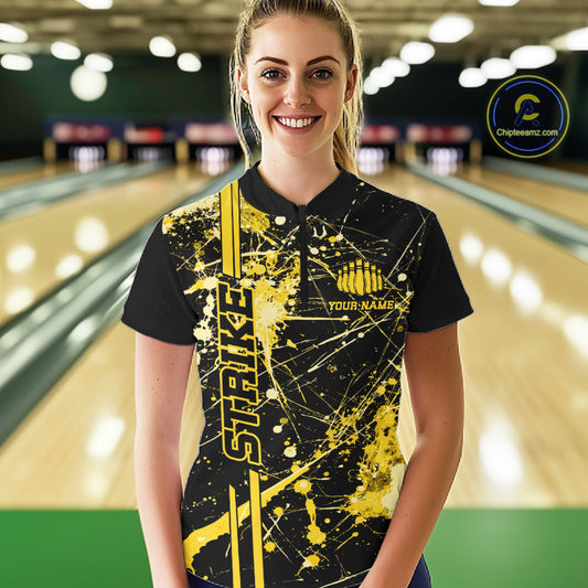 Custom Black And Yellow Splatter Camo Strike Bowling League Shirt, Women Bowling Jerseys IPHW10654