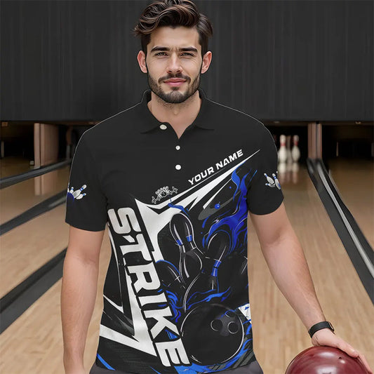 Custom Black And Blue Flame Strike Bowling Polo Shirts For Men, Strike Bowling Jerseys IPHW8313