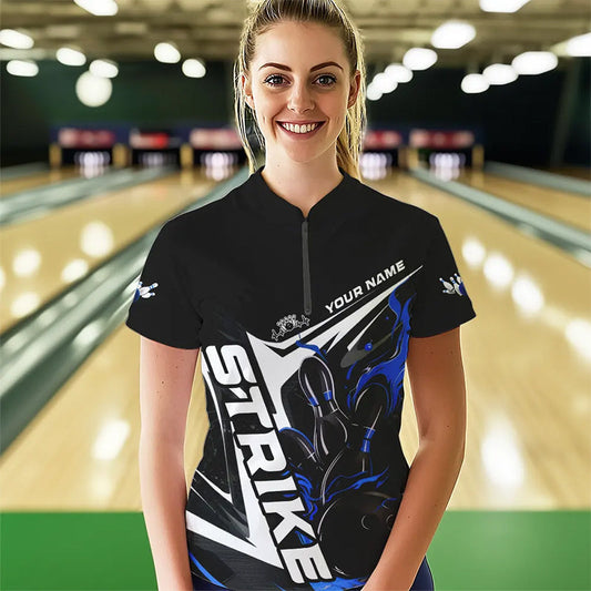 Custom Black And Blue Flame Strike Womens Bowling Quarter-Zip Shirts, Strike Bowling Jerseys IPHW8313