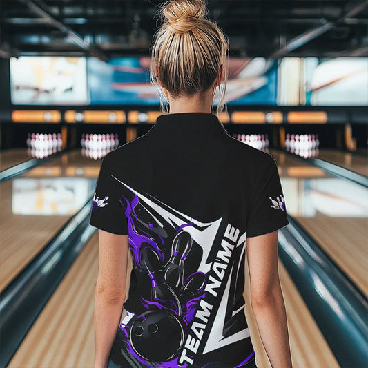 Custom Black And Purple Flame Strike Bowling Polo Shirts For Women, Strike Bowling Jerseys IPHW8315