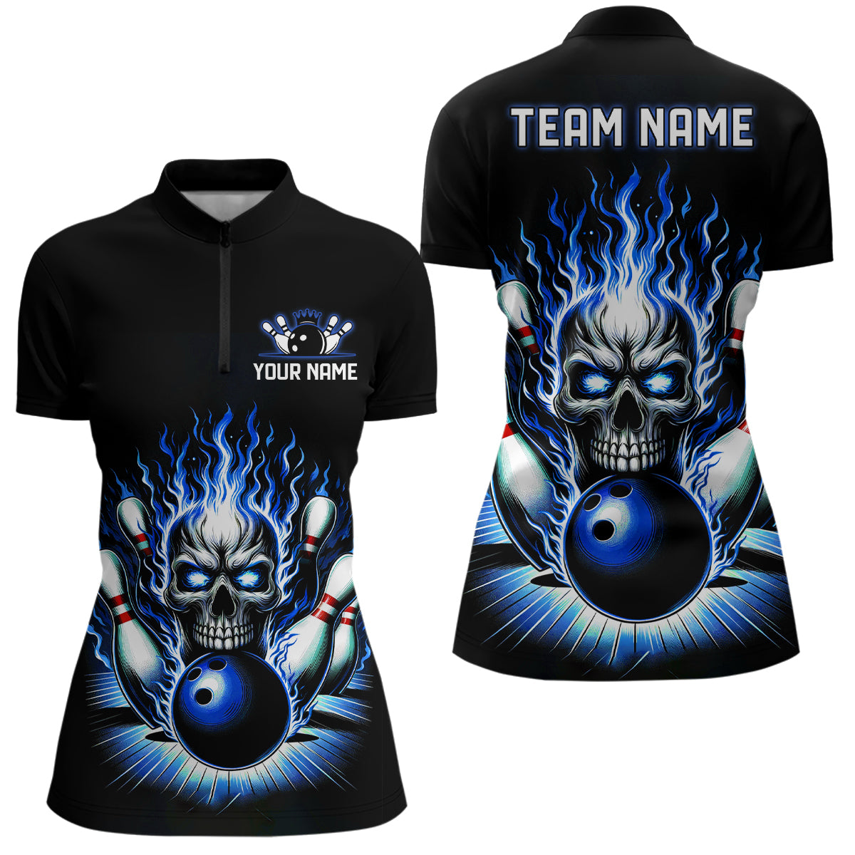 Personalized Skull Bowling Shirt For Women Custom Team'S Name Flame Bowler Jerseys | Blue IPHW6012