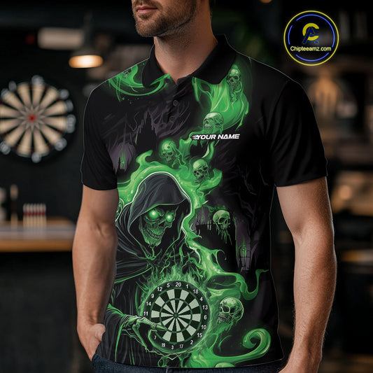 Custom Green Fire Flame Grim Reaper Dart Men Polo Shirts, Dart Team Halloween Outfits IPHW9983