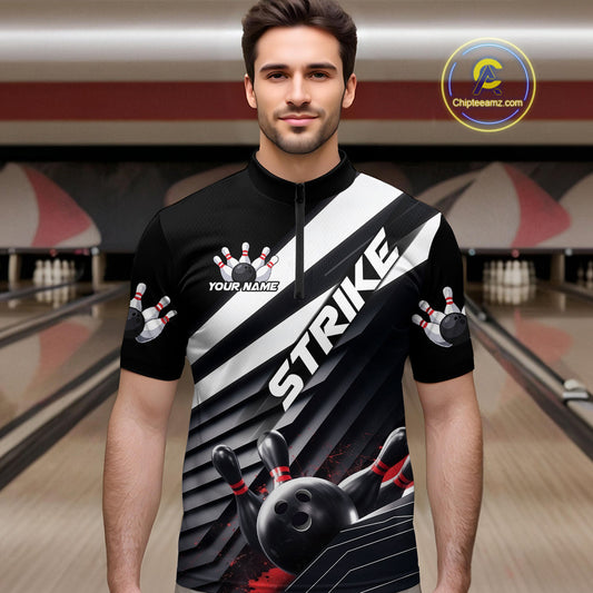 Custom Black And Red Strike Bowling Quarter-Zip Shirts For Men, Bowling Team Uniform IPHW9627