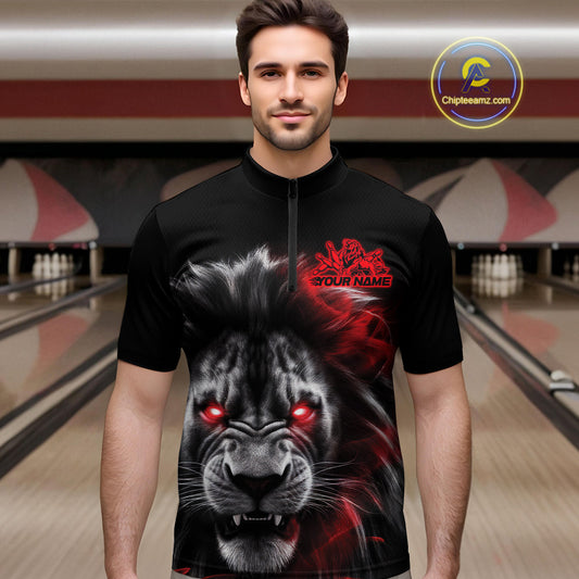 Custom Black And Red Lion Bowling Quarter-Zip Team Shirts For Men, Lion Bowling Jerseys IPHW9328