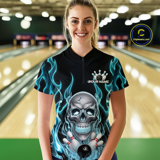 Custom Blue Fire Flame Skull Bowling Women Quarter-Zip Shirt, Halloween Bowling Outfit IPHW9491