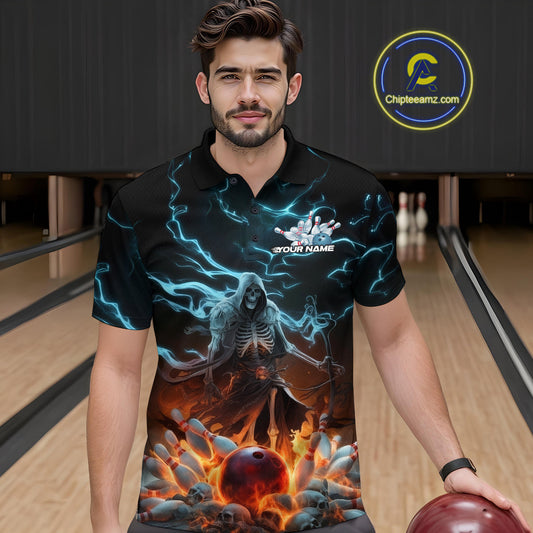 Custom Blue Lightning Grim Reaper Bowling Men Polo Shirt, Flame Halloween Outfit IPHW9899