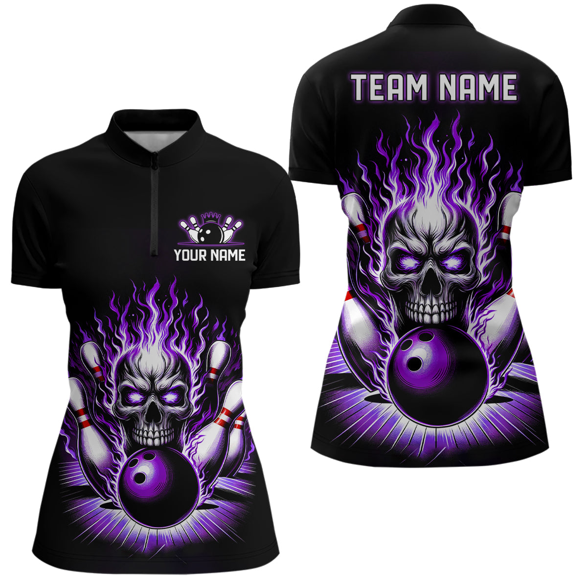 Personalized Ladies Skull Bowling Shirt Custom Team'S Name Flame Bowler Jerseys | Purple IPHW6511