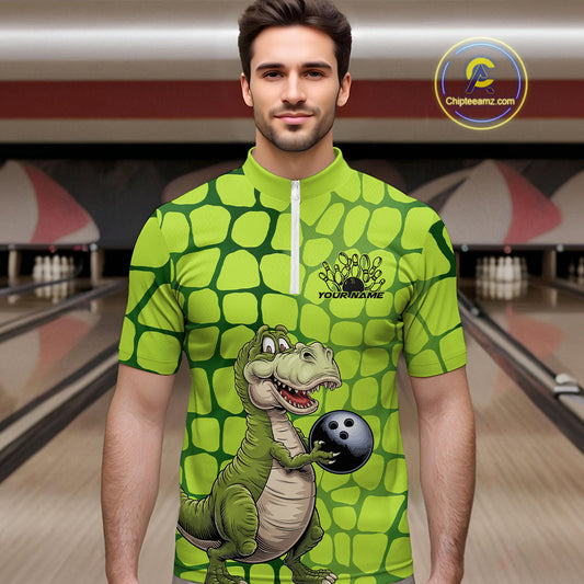 Custom Funny Green Dinosaur Bowling Team Men Quarter-Zip Shirt, Bowling Tournament Team Shirt IPHW9930