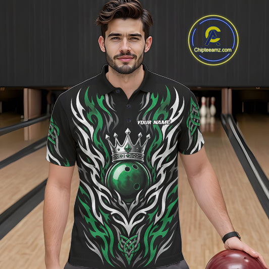 Custom Black And Green Irish Tribal Pattern Bowling Ball With Crown Men Polo Shirt IPHW11692