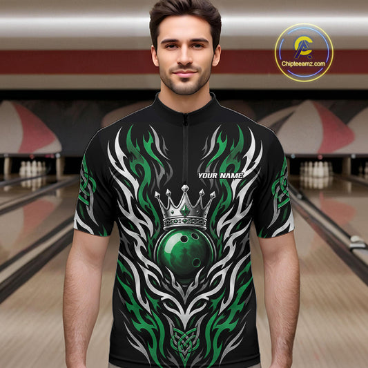 Custom Black And Green Irish Tribal Pattern Bowling Ball With Crown Men Quarter Zip Shirt IPHW11692