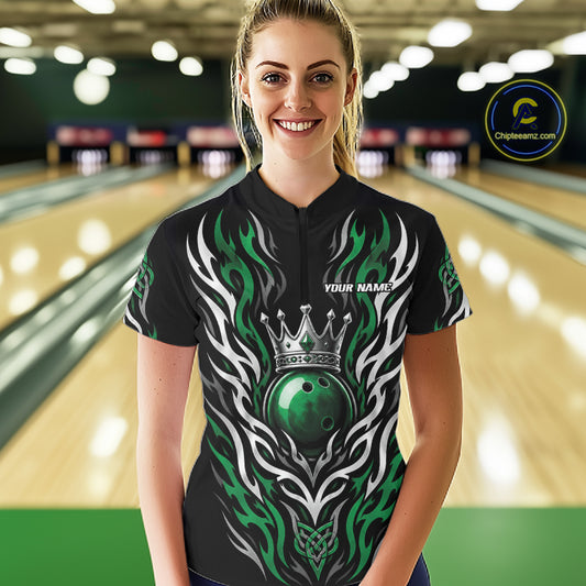 Custom Green Irish Tribal Pattern Bowling Ball With Crown Women Quarter-Zip Shirt IPHW11692