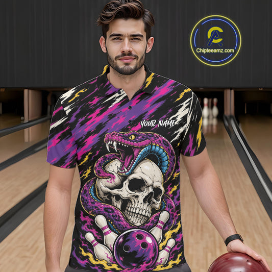 Custom Colorful Purple Snake And Skull Bowling Men Polo Shirt, Halloween Bowling Outfit IPHW11710