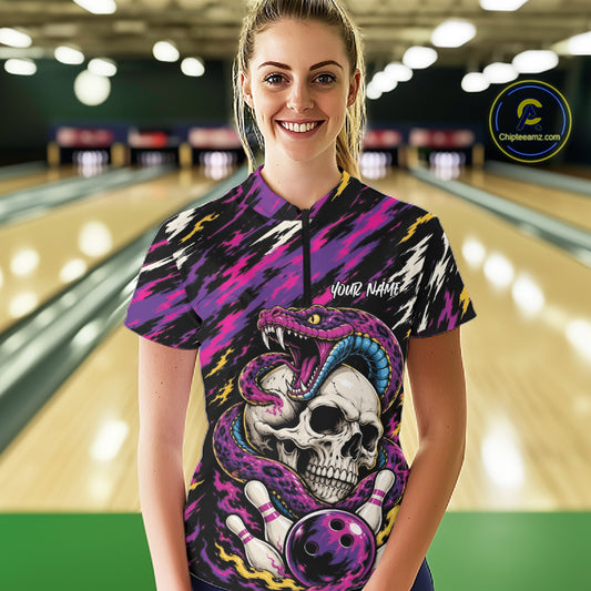 Custom Colorful Purple Snake And Skull Bowling Women Quarter-Zip Shirt, Halloween Outfit IPHW11710