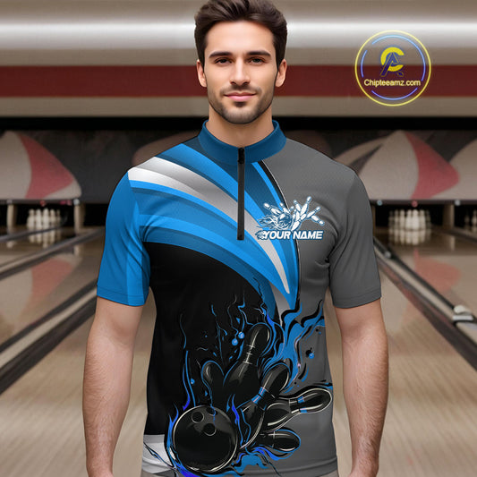 Custom Black, Blue And Gray Flame Bowling Quarter-Zip Shirts For Men, Bowling Team League Shirt IPHW9274