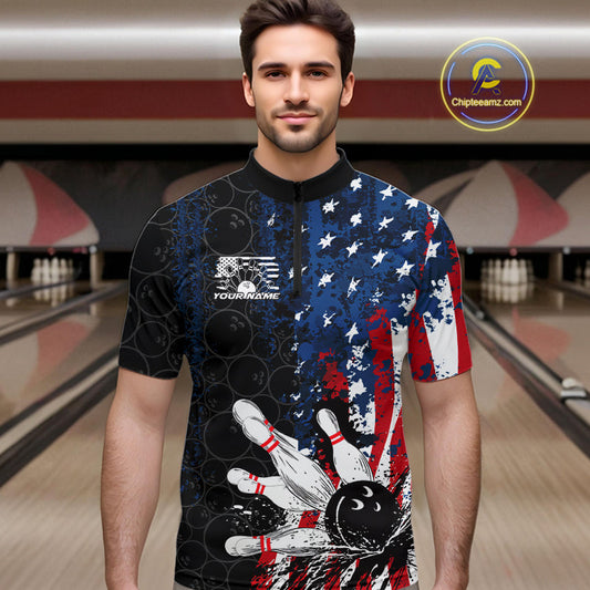 Custom Grunge Vintage American Flag Patriotic Bowling Team Jerseys, Bowling Men Quarter-Zip Shirt IPHW9489