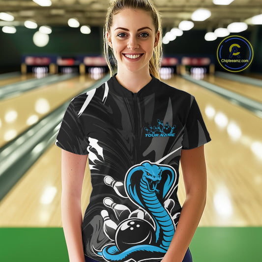 Custom Blue Cobra Snake Bowling Team Jerseys, Bowling Quarter-Zip Shirts For Women IPHW9710