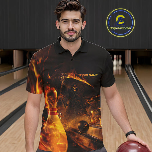 Custom Fire Flame Grim Reaper Bowling Polo Shirts For Men, Halloween Bowlers Outfit IPHW9711