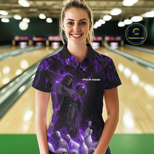Custom Purple Flame Grim Reaper Bowling Polo Shirts For Women, Halloween Bowling Outfit IPHW9732