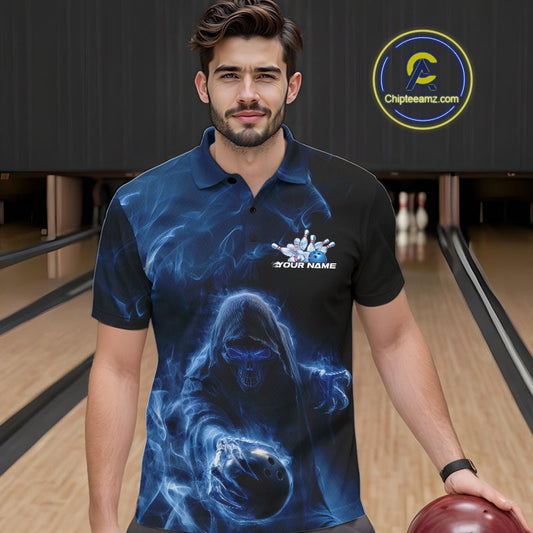 Custom Black And Blue Smoke Flame Grim Reaper Halloween Bowling Men Polo Shirts IPHW9739