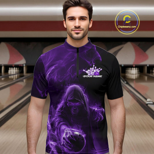 Custom Black And Purple Smoke Flame Grim Reaper Halloween Bowling Men Quarter-Zip Shirts IPHW9740
