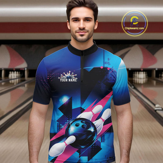 Custom Blue And Pink Futuristic Bowling Quarter-Zip Team Shirts For Men, Bowling League Shirt IPHW9513