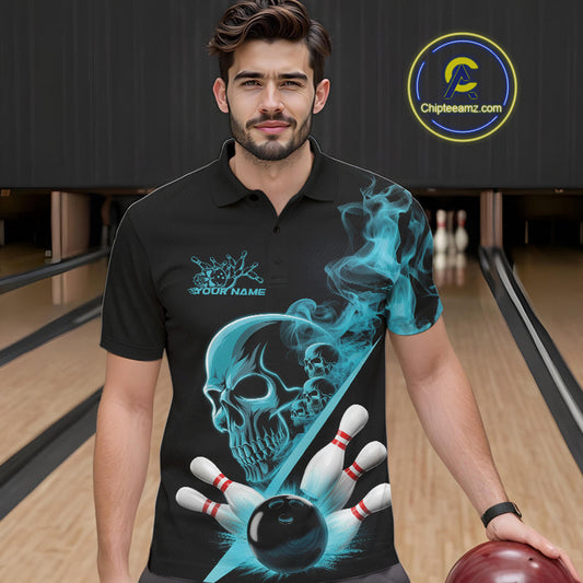 Custom Blue Smoke Skull Men Bowling Team Polo Shirts, Hallowen Bowlers Jerseys IPHW9523