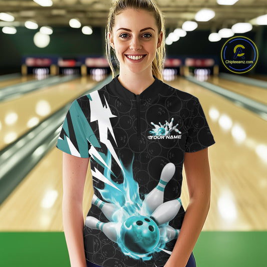Custom Fiery Pine Green Bowling Women Quarter-Zip Shirts, Flame Bowling League Shirt IPHW9528