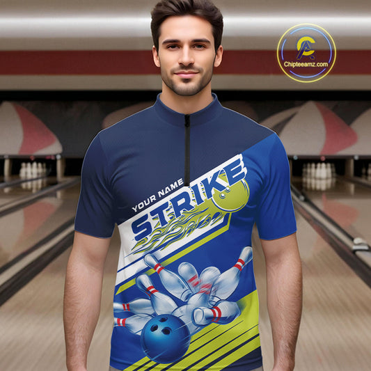 Custom Blue And Green Flame Strike Bowling Team Men Quarter-Zip Shirts, Bowling Jerseys IPHW9404