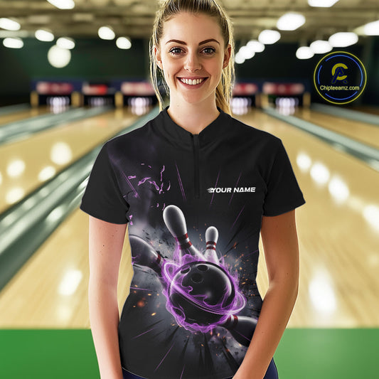 Custom Galaxy Purple Flame Bowling Quarter-Zip Shirt For Women, Bowling League Uniform IPHW9567