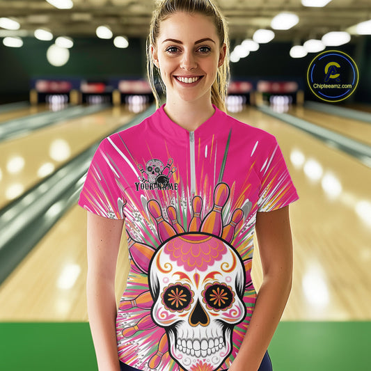 Custom Pink Sugar Skull Bowling Team Women Quarter-Zip Shirt, Halloween Bowlers Outfit IPHW9254