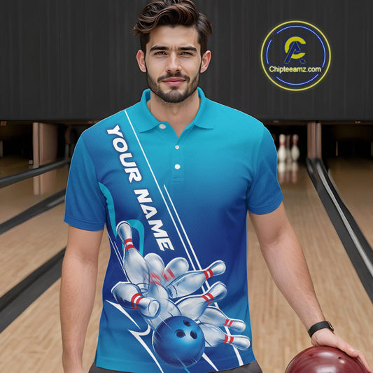 Custom Blue Bowling Pattern Bowling Team Polo Shirts For Men, Blue Bowling Jerseys IPHW9428