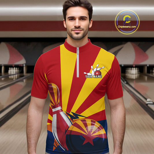 Custom Arizona Flag Bowling Team Quarter-Zip Shirts For Men, Bowling Tournament Shirt IPHW9265