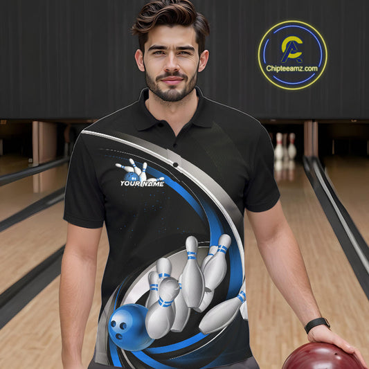 Custom Black Blue Bowling Team Jerseys, Bowler Uniform Bowling Polo Shirts For Men IPHW9277