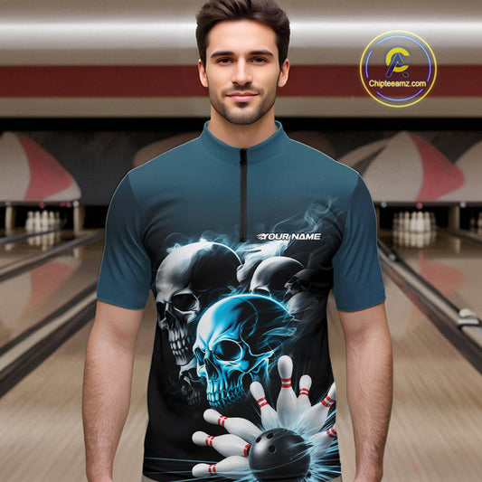Custom Teal Blue Smoke Skull Bowling Quarter-Zip Shirts For Men, Ghostly Halloween Bowling Outfit IPHW9519