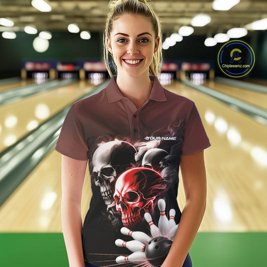 Custom Red Smoke Skull Bowling Polo Shirts For Women, Ghostly Halloween Bowling Outfit IPHW9520