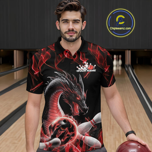 Custom Black And Red Fire Flame Dragon Bowling Polo Shirt For Men, Dragon Bowling Jersey IPHW9821