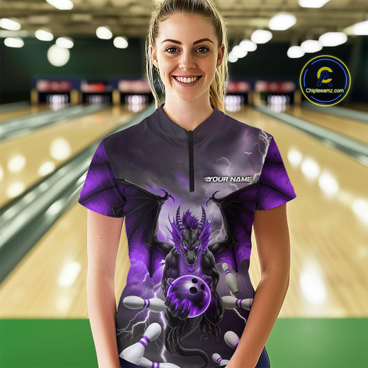Custom Purple Thunder Lightning Dragon Bowling Women Quarter-Zip Shirts, Team Uniform IPHW9104